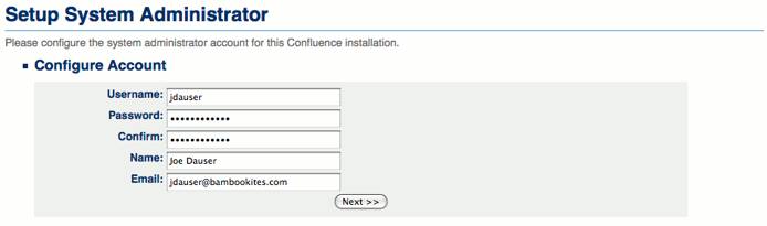 Confluence administrative user details entry.