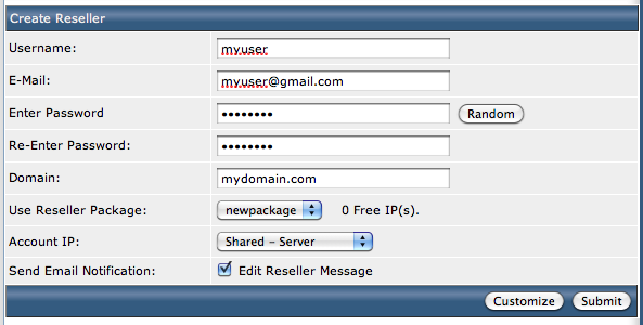 DirectAdmin Create Reseller screen.