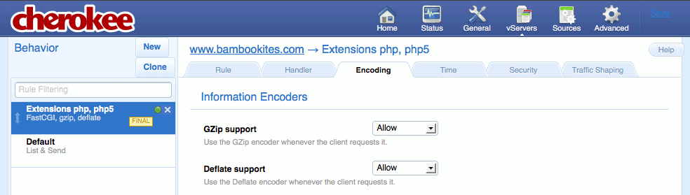 Enabling compression support for a new extensions rule on the &ldquo;Behavior&rdquo; tab on the &ldquo;vServers&rdquo; page of the Cherokee admin panel on Fedora 13.